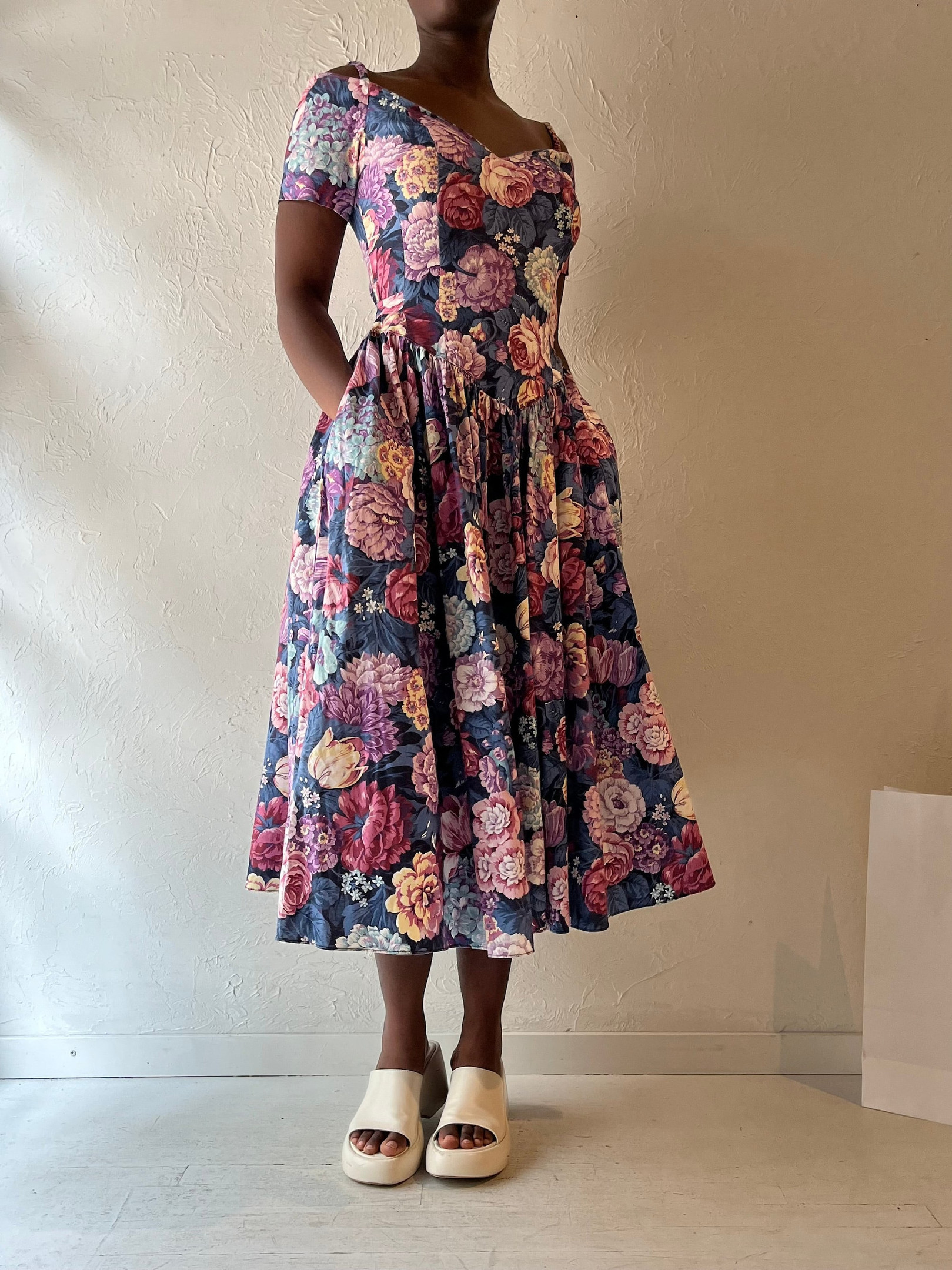 90s Inspired Floral Midi Dress for Women – Vintage Robbie Bee Print