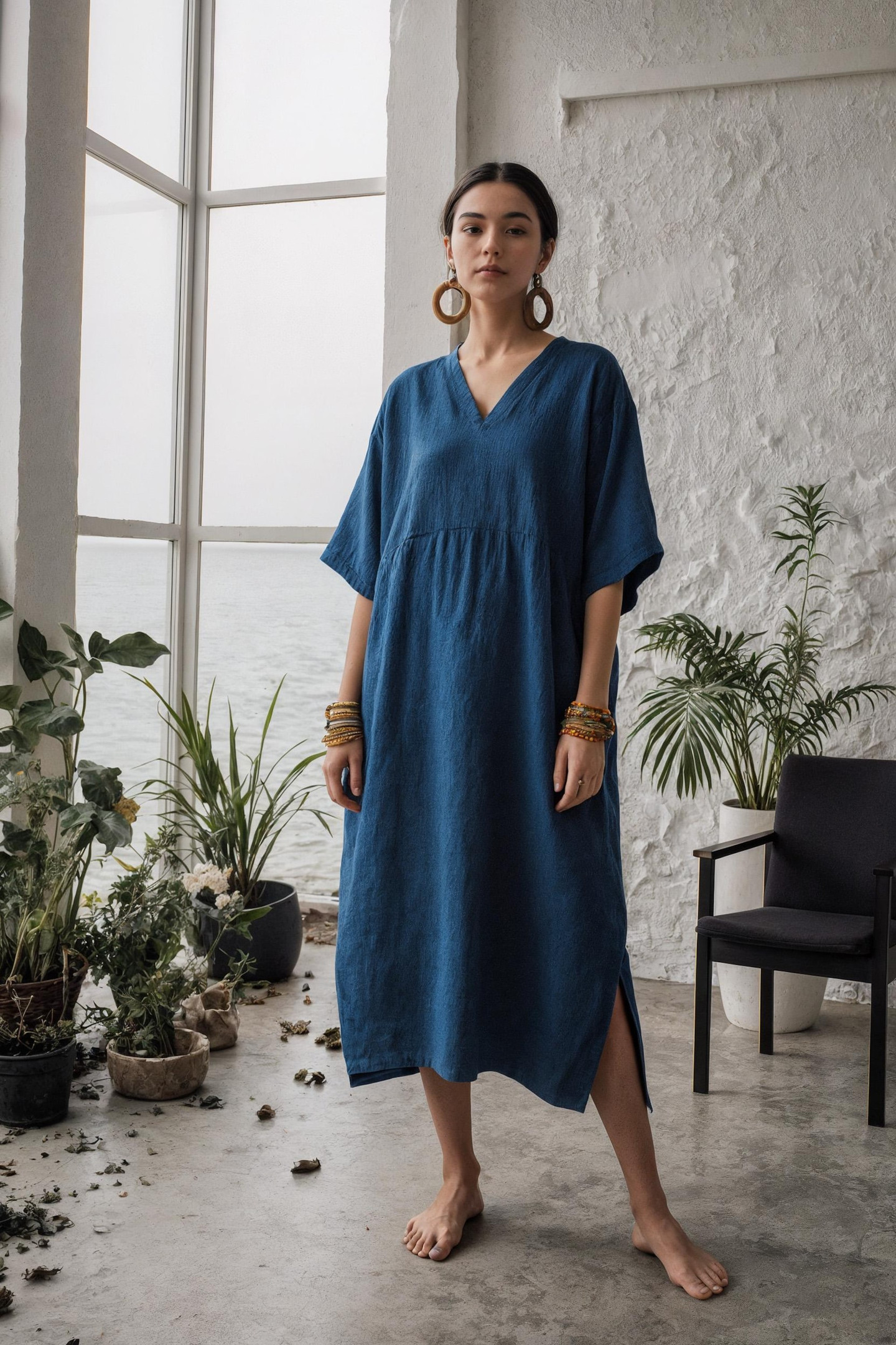 Comfortable Linen V-Neck Dress for Women with Side Slits & Deep Pockets