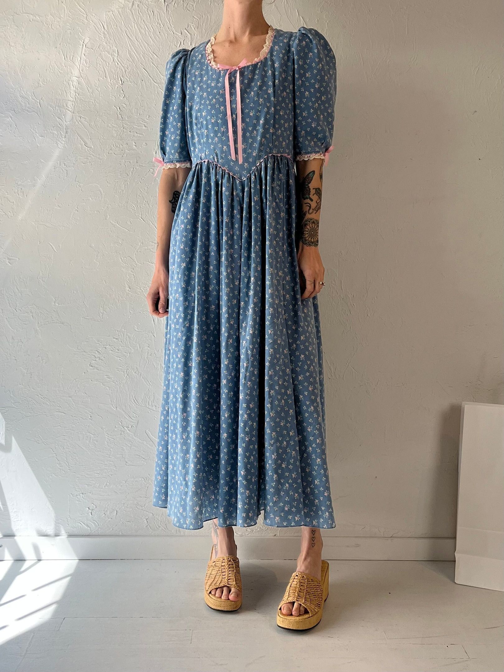 Elegant Vintage Blue Floral Women’s Handmade Dress for Ladies