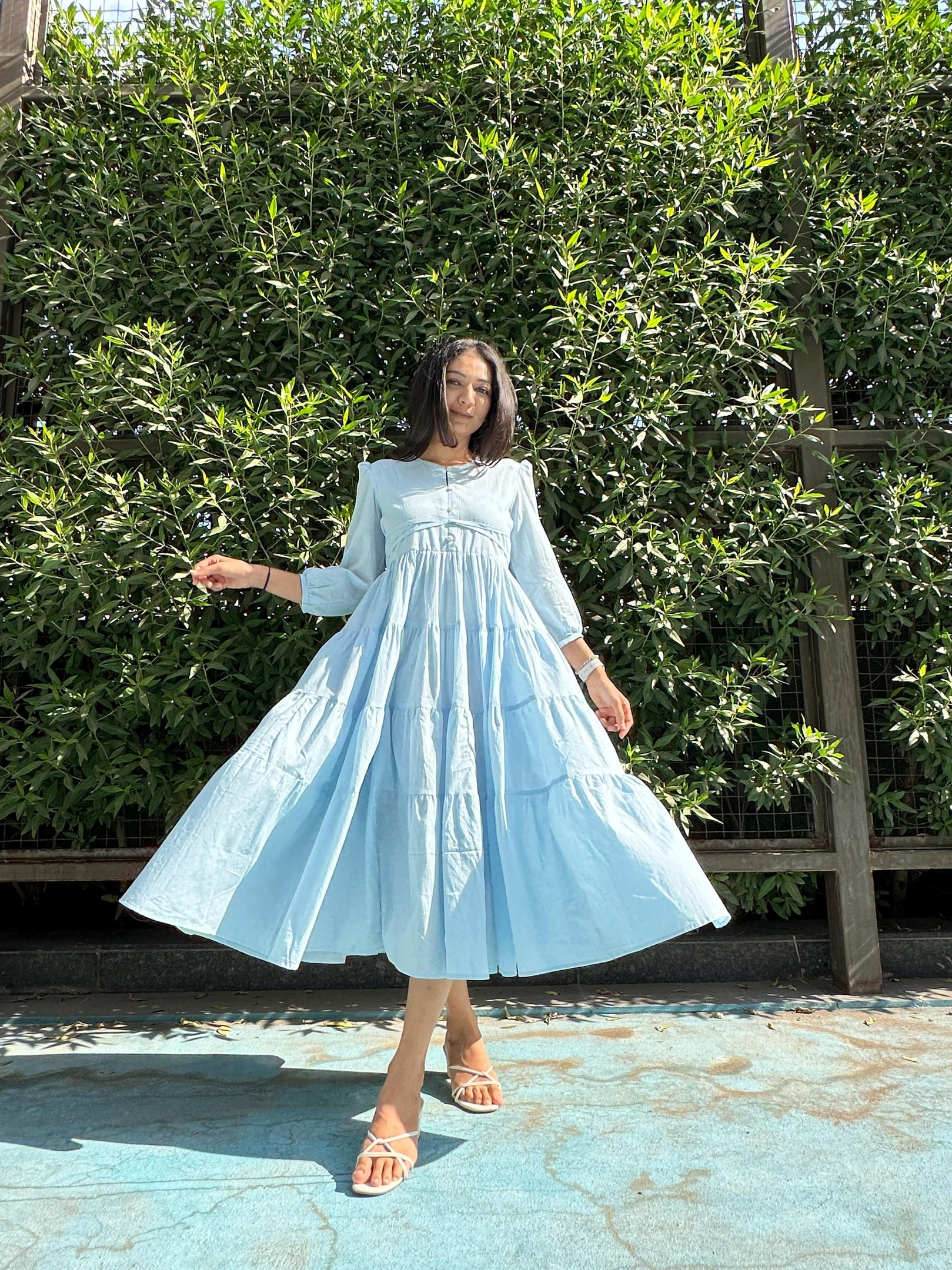 Flowy Organic Cotton Boho Midi Dress – Light Blue Breezy Summer Vacation Resort Wear for Bridesmaid & Holiday