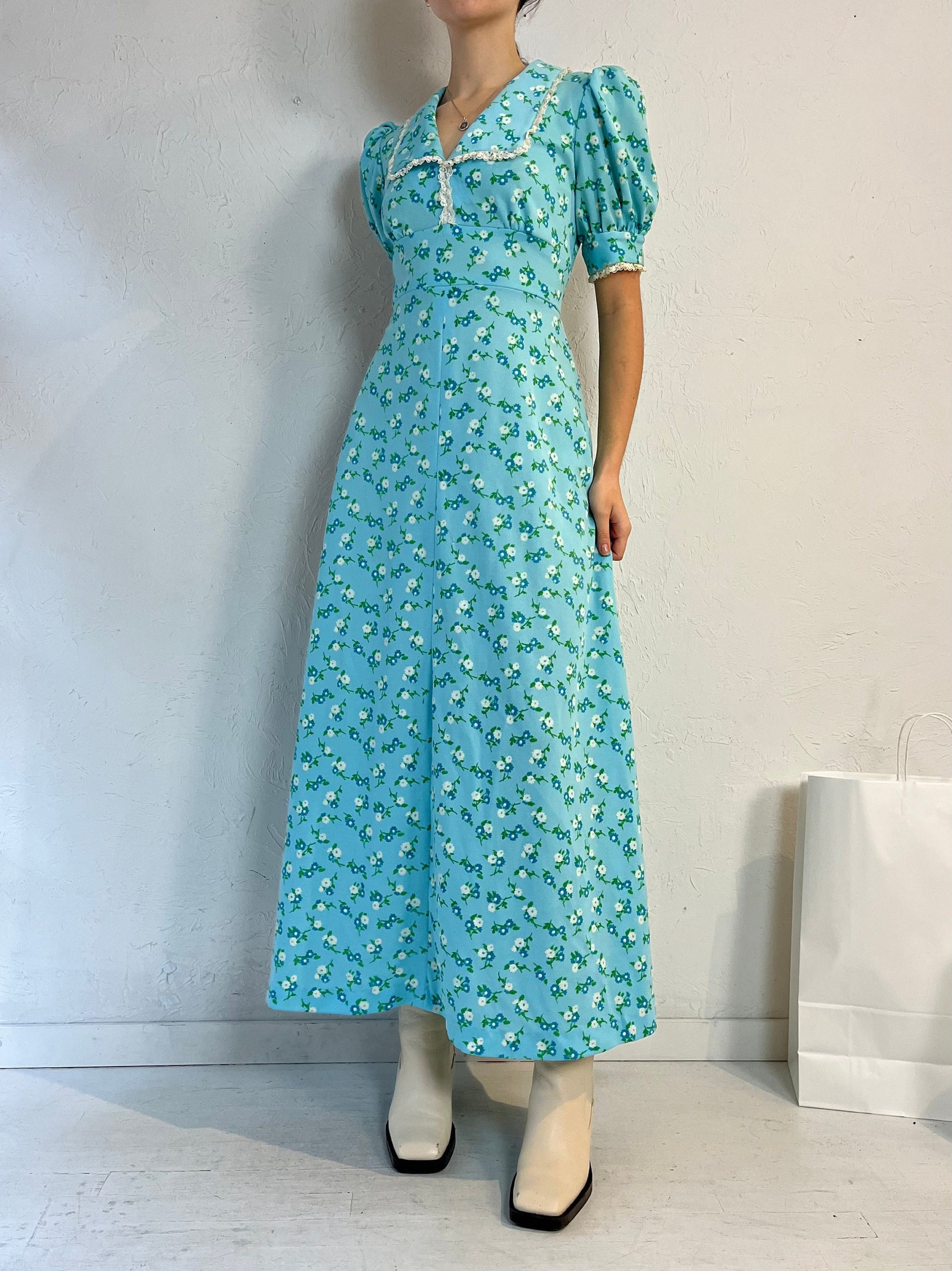 Unique Handmade Blue Floral Boho Peasant Dress for Women