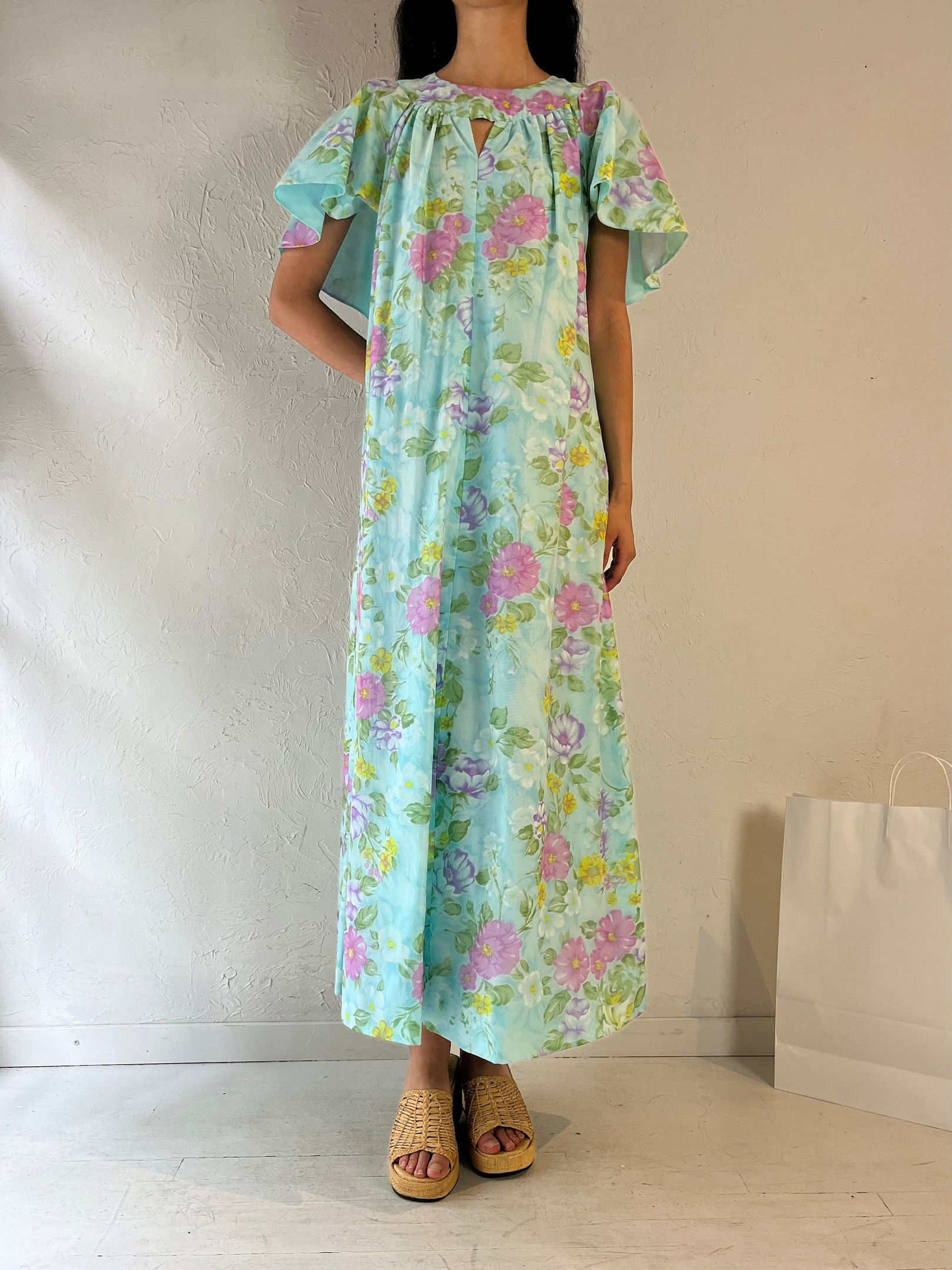 Vintage 70s Inspired Handmade Blue Floral Kaftan Maxi Dress