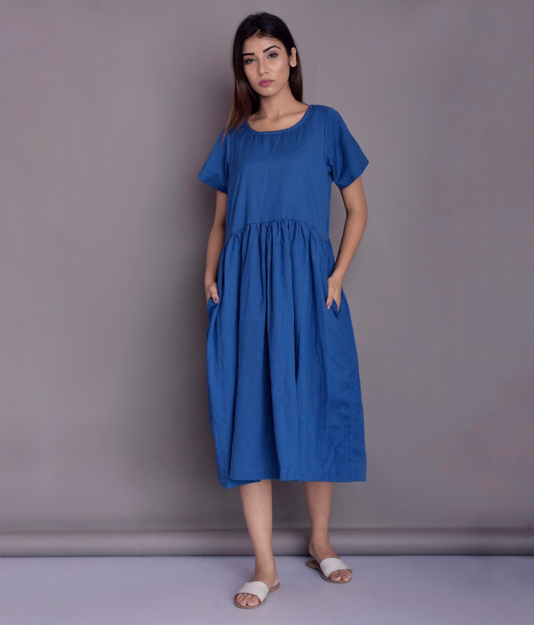 Women’s Handmade Linen Midi Dress with Short Sleeves & Pockets for Summer